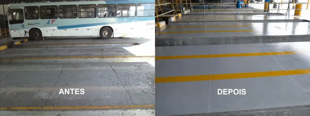 Piso epóxi em oficina, rapagem, aplicação massa epóxi e pintura final