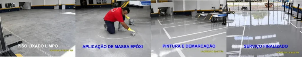 Piso Para Armazém de Grãos e Silos em Mato Grosso
Banner com serviços: Preparo do piso, Aplicação de massa epóxi, Piso pintado e demarcada, serviço Finalizado