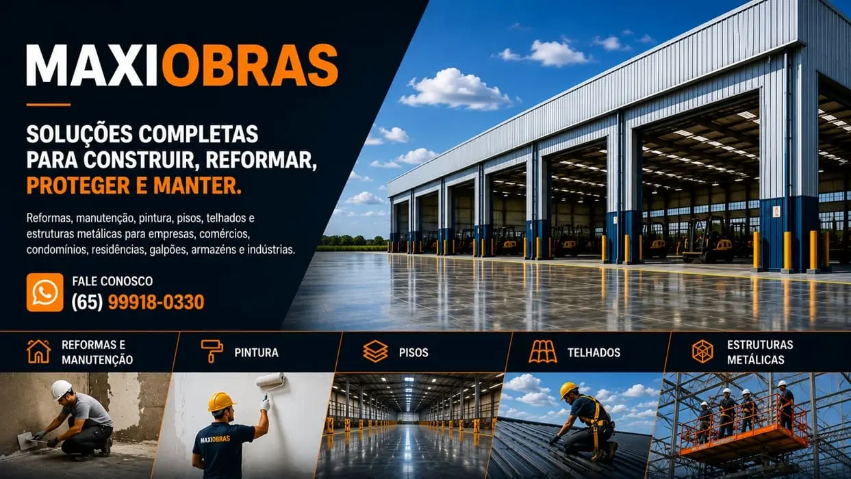 Soluções para empresas, comĂ©rcios, condomĂnios e residĂŞncias em reformas, manutenção, pintura, pisos, telhados, estruturas metálicas e obras industriais.
Atendimento em Cuiabá • Várzea Grande • Todo Mato Grosso