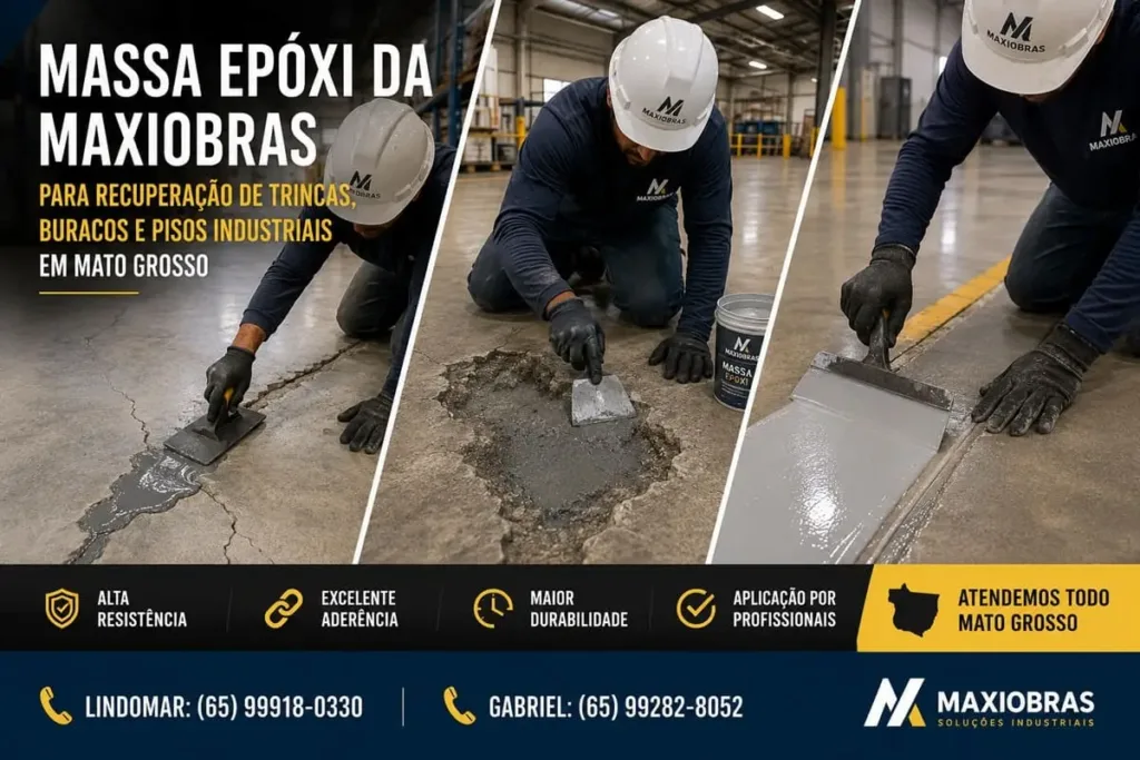 Massa Epóxi da Maxiobras é utilizada na recuperação de trincas, buracos, juntas e falhas em pisos industriais de concreto, em Cuiabá, Várzea Grande, Rondonópolis, Sinop e todo Mato Grosso.